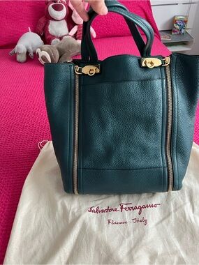 Salvatore Ferragamo Teal Pebbled Leather Tote with Gold Hardware
